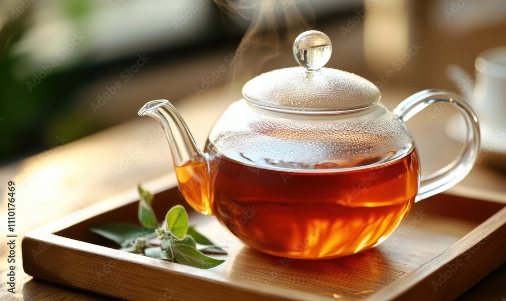 Herbal tea infusing in a glass teapot on a wooden tray Herbal tea infusing in a glass teapot on a wooden tray