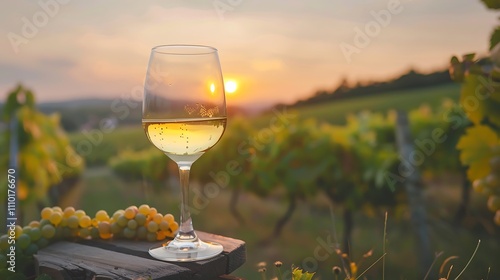 A labelless white wine glass in an vineyard wooden board at dusk photo