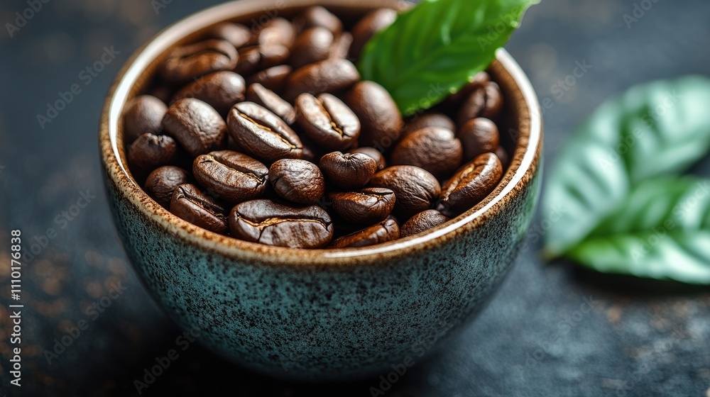 Fototapeta premium Freshly roasted coffee beans in a textured bowl with green leaves highlighting the natural beauty of coffee on a dark background