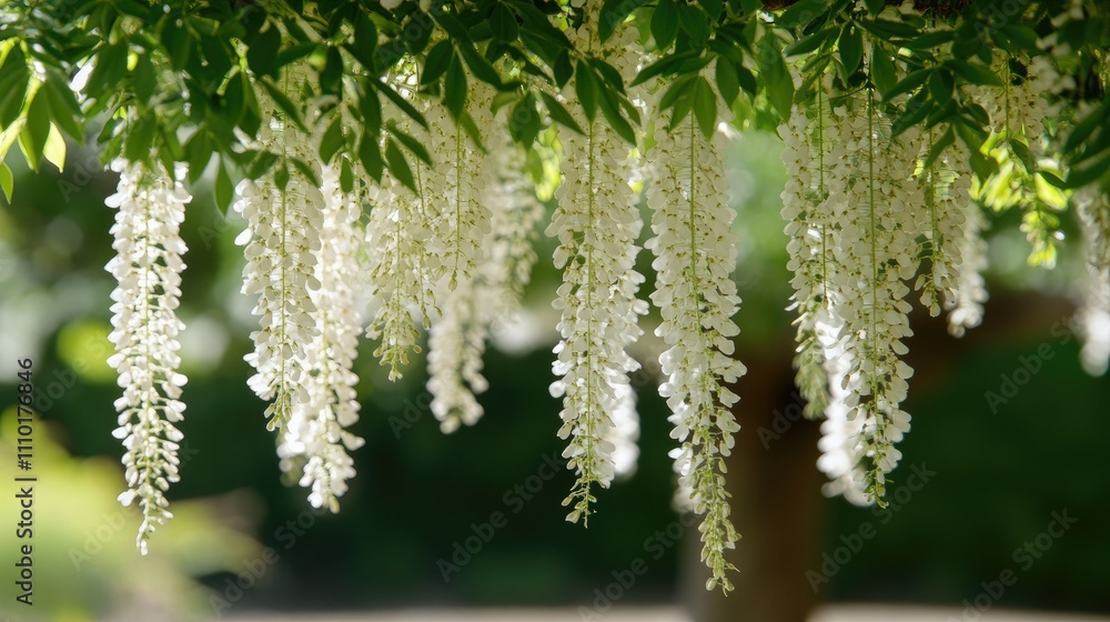 Delicate white flowering vines gracefully cascading in sunlight against a blurred green background Delicate white flowering vines gracefully cascading in sunlight against a blurred green background