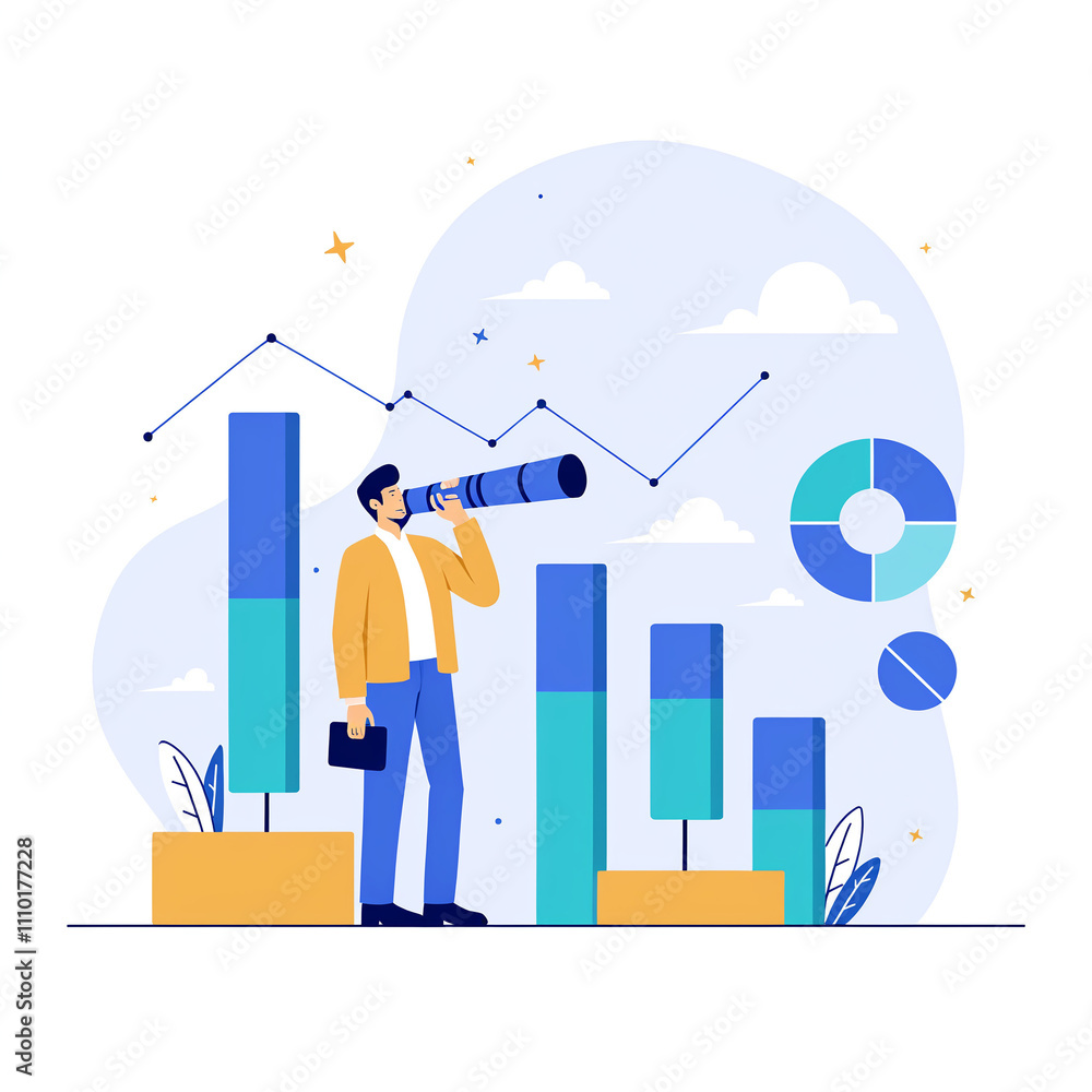 Business growth and investment concept: Businessman climbing a rising arrow with a telescope, forecasting future success Business growth and investment concept: Businessman climbing a rising arrow with a telescope, forecasting future success