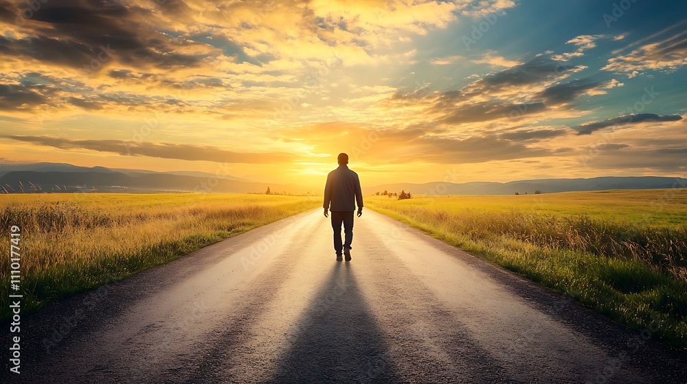Man walking alone on a road towards a vibrant sunset. Man walking alone on a road towards a vibrant sunset.