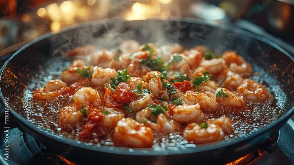Delicious shrimp cooking in a pan with fresh herbs and spices creating a flavorful dish ready to savor. Delicious shrimp cooking in a pan with fresh herbs and spices creating a flavorful dish ready to savor.