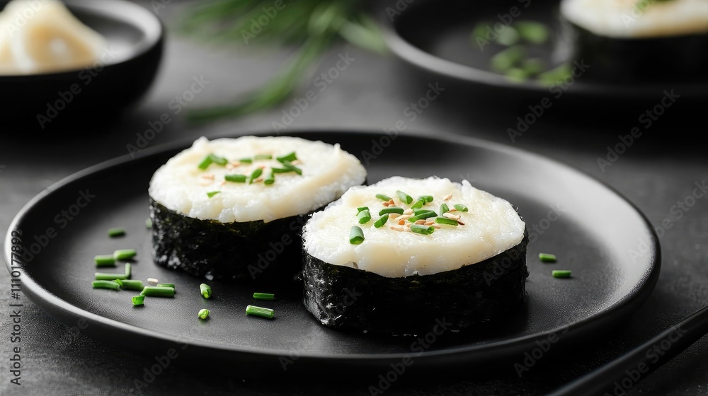 Baked Sushi Rolls with Cheese Mousse on Black Plate Surrounded by Minimalist Decor in Elegant Setting Baked Sushi Rolls with Cheese Mousse on Black Plate Surrounded by Minimalist Decor in Elegant Setting