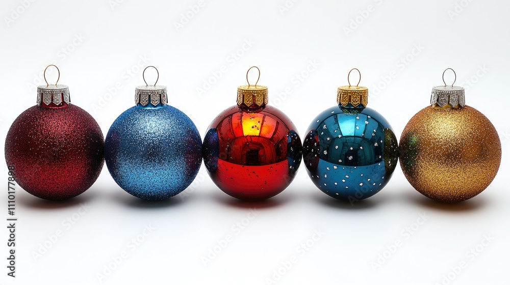 Colorful Christmas baubles in red blue gold and green arranged on a white background perfect for festive holiday decoration concepts Colorful Christmas baubles in red blue gold and green arranged on a white background perfect for festive holiday decoration concepts