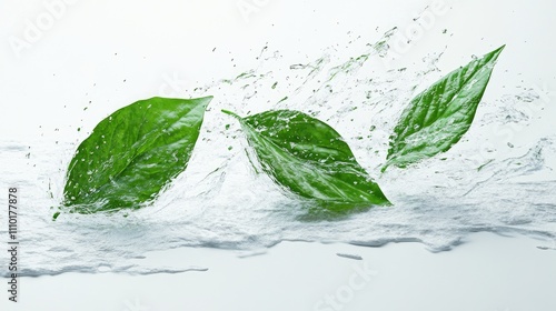 Skin care and cosmetics concept featuring fresh green leaves splashing in clear water on a white background for natural beauty themes photo