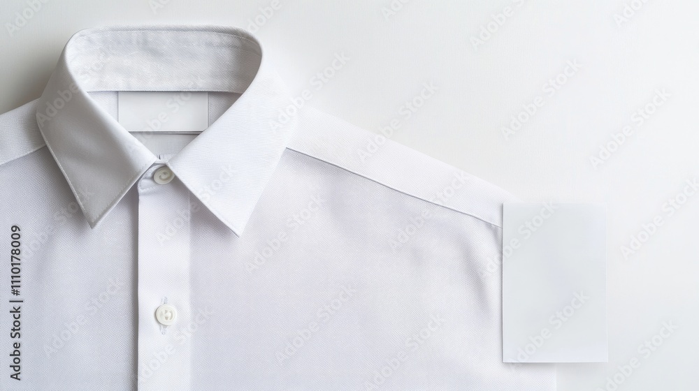 Care label for clothing displayed next to a white shirt against a clean background emphasizing garment care instructions and garment styling. Care label for clothing displayed next to a white shirt against a clean background emphasizing garment care instructions and garment styling.