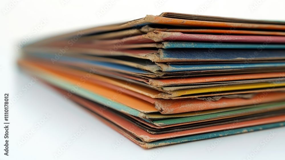 Colorful stacked documents in close-up set against a clean white background showcasing an organized office environment and paperwork details Colorful stacked documents in close-up set against a clean white background showcasing an organized office environment and paperwork details