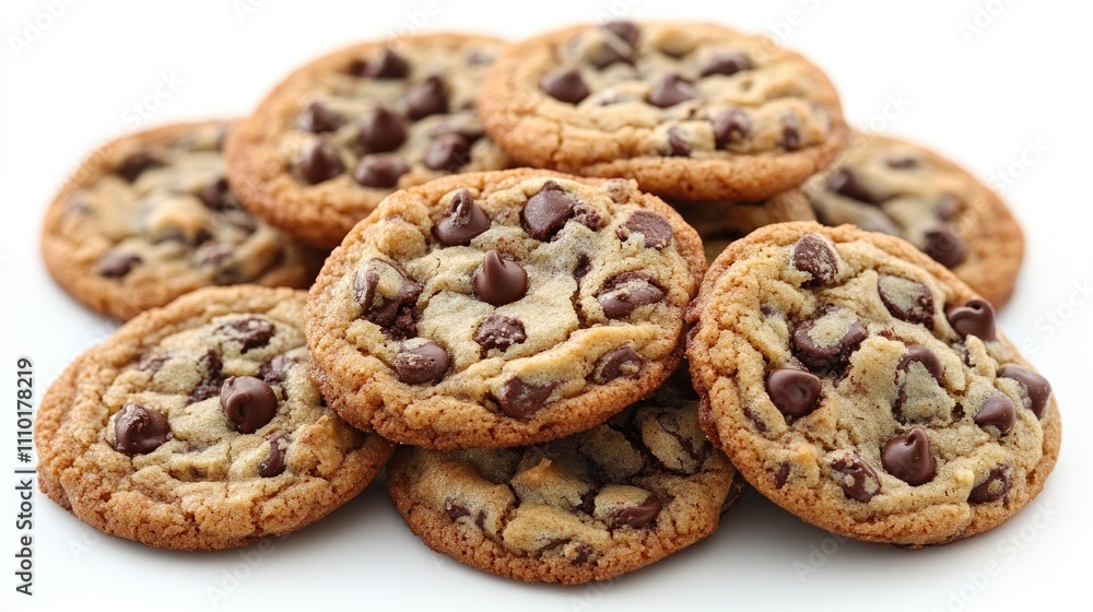 Freshly baked chocolate chip cookies stacked on a white background showcasing their golden color and chocolate morsels. Freshly baked chocolate chip cookies stacked on a white background showcasing their golden color and chocolate morsels.