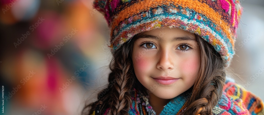 Young girl in vibrant traditional Andean attire showcasing cultural heritage in the historic city of Ollantaytambo Sacred Valley Peru. Young girl in vibrant traditional Andean attire showcasing cultural heritage in the historic city of Ollantaytambo Sacred Valley Peru.