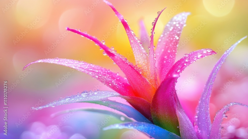 Fototapeta premium Close up macro photography of tillandsia cyanea pink quill air plant with vibrant colors and water droplets on petals