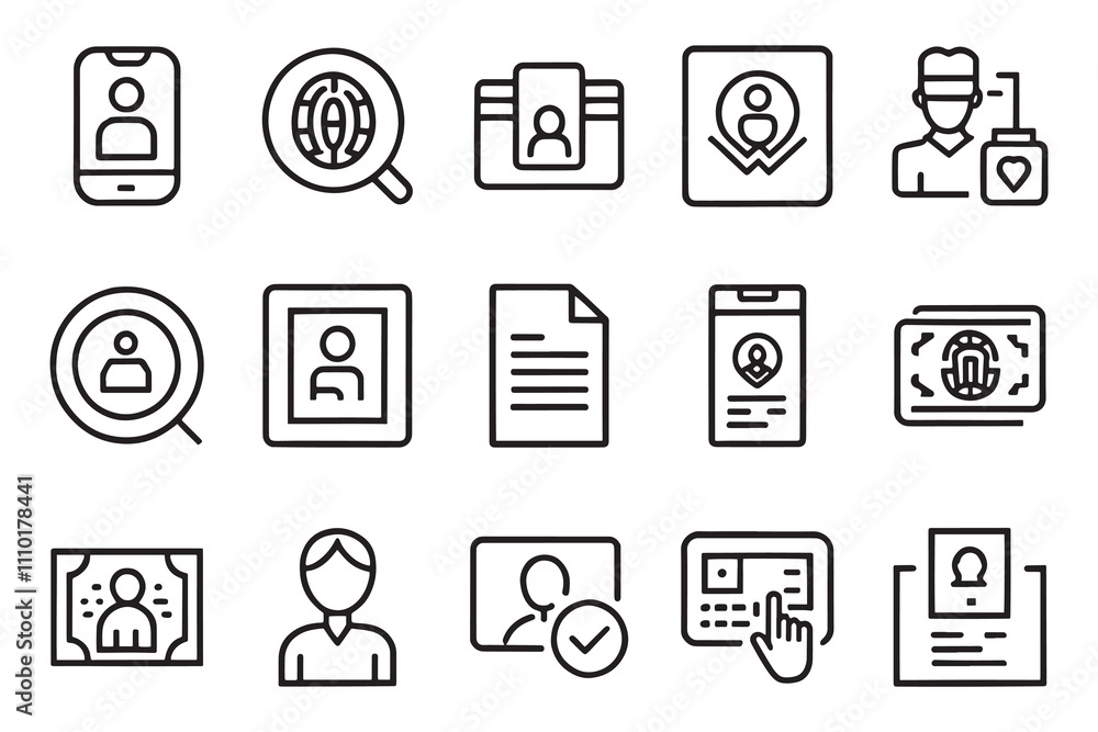 ID card, verification, document, fingerprint related editable stroke outline icon set isolated flat vector illustration white background ID card, verification, document, fingerprint related editable stroke outline icon set isolated flat vector illustration white background