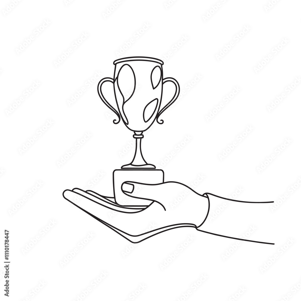 Hand holding a trophy Continuous line art flat vector illustration. Hand holding a trophy Continuous line art flat vector illustration.