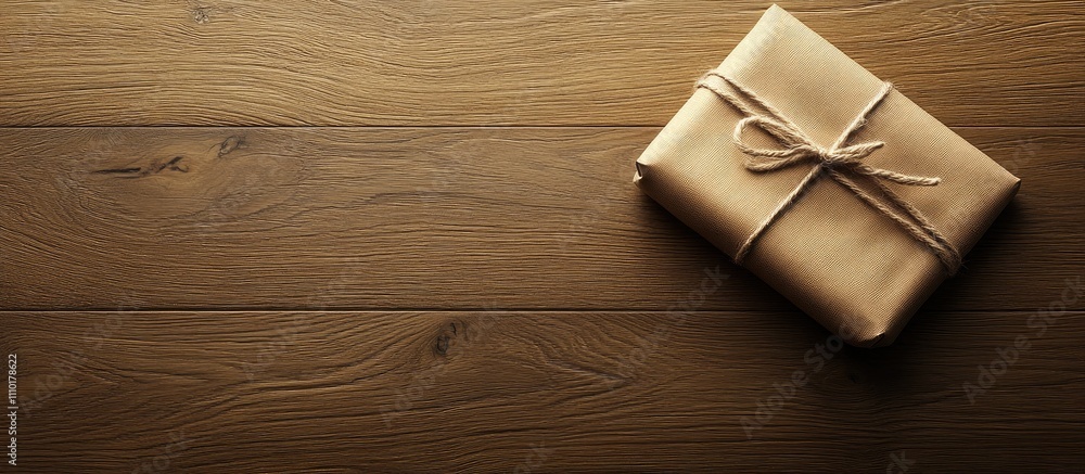Christmas present wrapped in brown paper placed on rustic wooden table for holiday decorations and seasonal celebrations. Christmas present wrapped in brown paper placed on rustic wooden table for holiday decorations and seasonal celebrations.