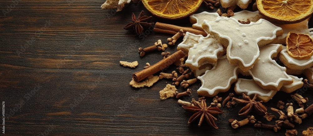 Festive gingerbread cookies cinnamon dried oranges and spices on a rustic wooden surface perfect for holiday season backgrounds Festive gingerbread cookies cinnamon dried oranges and spices on a rustic wooden surface perfect for holiday season backgrounds
