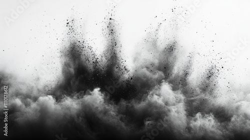 Dynamic black dust explosion captured in freeze motion against a stark white background showcasing texture and visual contrast.
