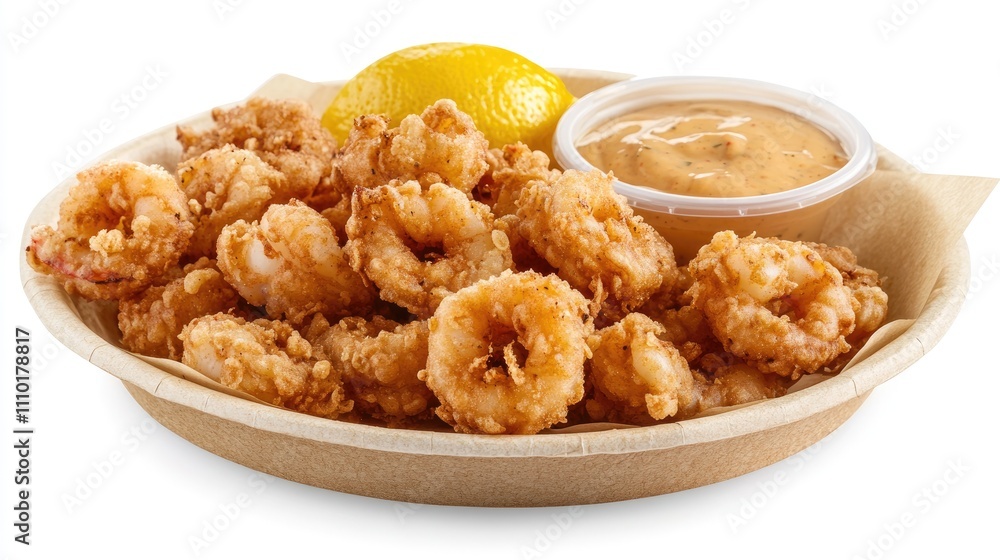 Crispy breaded seafood assortment with tartar sauce and lemon served in eco-friendly plate on kraft paper background Crispy breaded seafood assortment with tartar sauce and lemon served in eco-friendly plate on kraft paper background