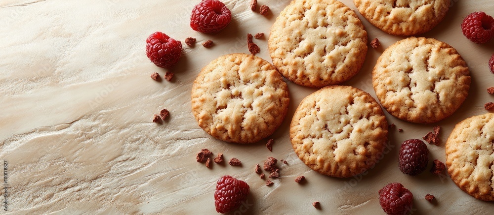 Fototapeta premium Delicious homemade cookies with raspberries arranged on a light wooden table perfect for bakery and dessert-themed compositions