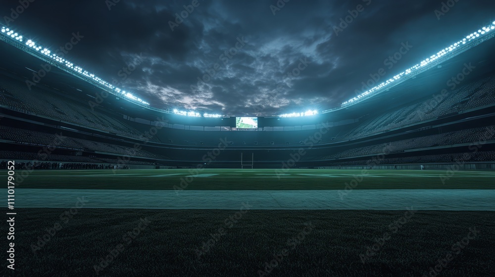 A stadium at night, fully illuminated, with the dark sky above and an empty field below, casting shadows in the stands A stadium at night, fully illuminated, with the dark sky above and an empty field below, casting shadows in the stands
