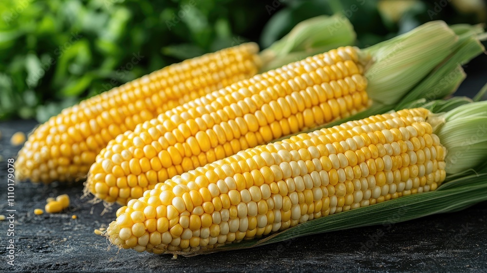 Freshly harvested corn cobs showcasing vibrant yellow kernels set against natural green elements in a rustic farm environment. Freshly harvested corn cobs showcasing vibrant yellow kernels set against natural green elements in a rustic farm environment.