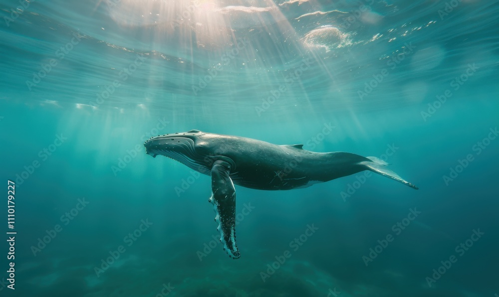 Obraz premium Humpback whale gracefully swims underwater, showcasing its gentle fluke in the depth of field