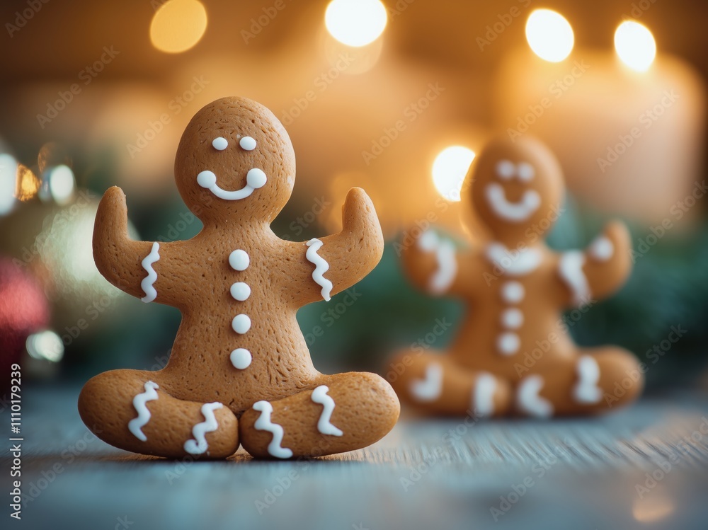 Gingerbread cookie man doing yoga on a Christmas background Gingerbread cookie man doing yoga on a Christmas background