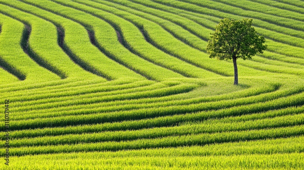 Lush Green Fields with Curved Patterns and Isolated Tree in the Countryside Landscape of Somerset Wiltshire Border in England Lush Green Fields with Curved Patterns and Isolated Tree in the Countryside Landscape of Somerset Wiltshire Border in England