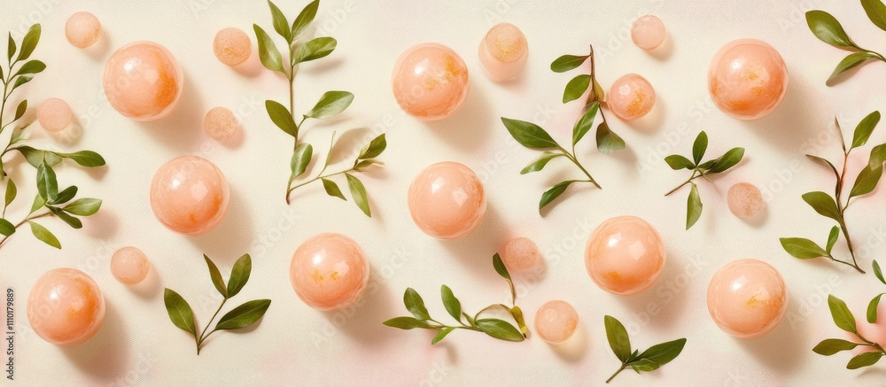 Pastel flat lay of boxwood branches and decorative spheres creating a serene and elegant composition for design and decor themes Pastel flat lay of boxwood branches and decorative spheres creating a serene and elegant composition for design and decor themes