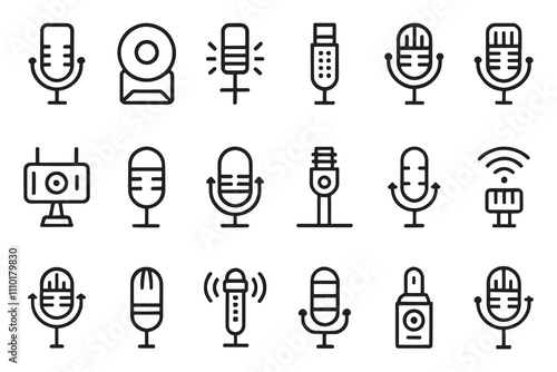 Microphone, Voice, broadcast related editable stroke outline icons set isolated flat vector illustration on white background.