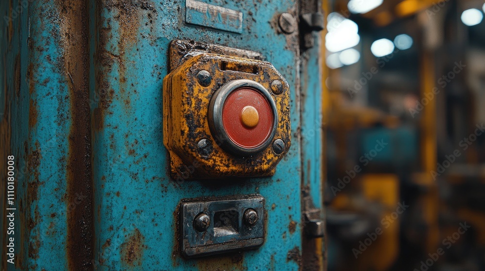 Rusty emergency stop button on industrial machinery with faded blue paint and a blurred factory background indicating safety measures. Rusty emergency stop button on industrial machinery with faded blue paint and a blurred factory background indicating safety measures.