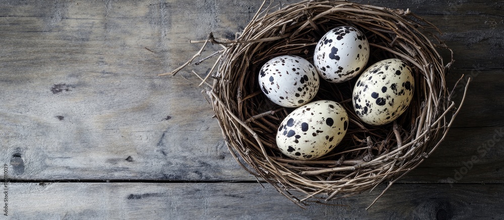 Natural easter nest with speckled eggs resting on rustic timber surface for spring and holiday celebrations Natural easter nest with speckled eggs resting on rustic timber surface for spring and holiday celebrations