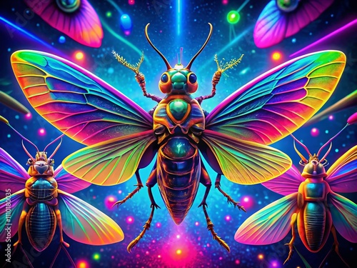 Aerial View of Synthwave-Inspired Insects with Neon Wings Against a Colorful Background, Ideal for Vibrant Animation Projects and Digital Art Enthusiasts photo