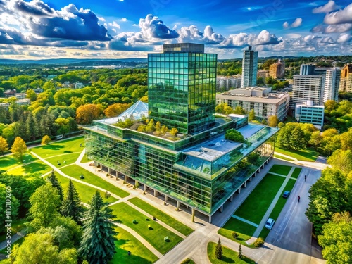 Aerial View of the Contemporary Glass Structure of the Embassy of Canada Surrounded by Lush Landscapes and Urban Features, Highlighting Modern Architectural Design and Sustainability