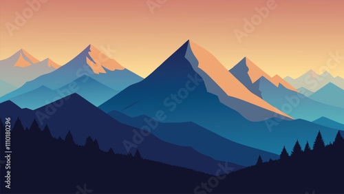 Panoramic vista from a mountain summit, revealing majestic mountains stretching into the horizon flat vector illustration natural background.