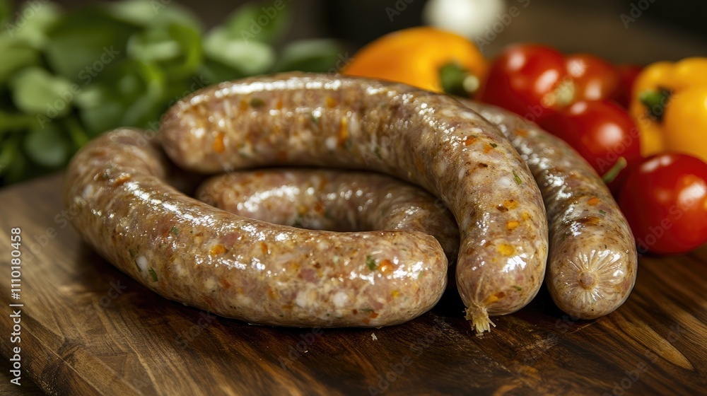 Classic boiled pork sausages on a wooden board with fresh herbs and cherry tomatoes ideal for family meals and kids snacks. Classic boiled pork sausages on a wooden board with fresh herbs and cherry tomatoes ideal for family meals and kids snacks.