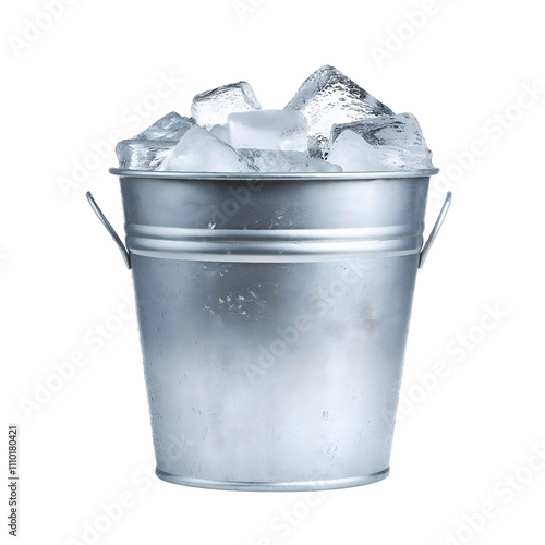 Metal bucket filled with ice cubes, perfect for keeping drinks cold or for serving beverages at a party, against a white isolated background.