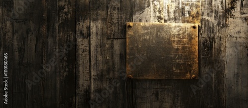 Blank metal sign on a rustic wooden backdrop for customizable messages and signage in creative design projects photo