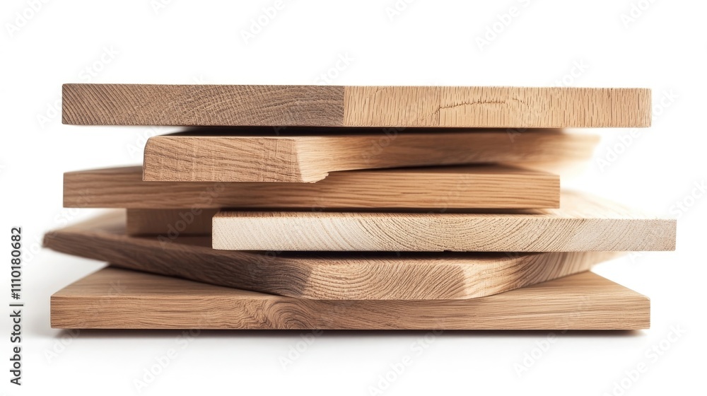 Various samples of wooden flooring arranged in an artistic stacking design on a clean white background Various samples of wooden flooring arranged in an artistic stacking design on a clean white background