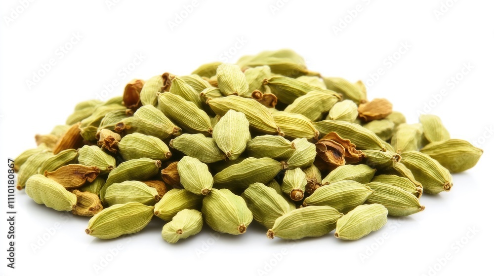 Dry green cardamom pods and seeds arranged on a white background showcasing their texture and natural color in closeup detail. Dry green cardamom pods and seeds arranged on a white background showcasing their texture and natural color in closeup detail.
