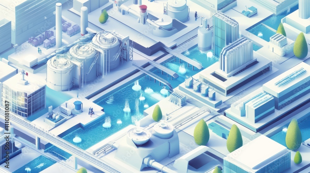 A illustration of A graphical representation of water flow through different stages of purification and distribution in a city A illustration of A graphical representation of water flow through different stages of purification and distribution in a city