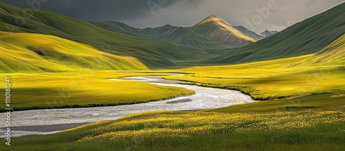 Lush green and vibrant yellow fields meet a serene river in a dreamlike valley landscape showcasing nature's breathtaking beauty