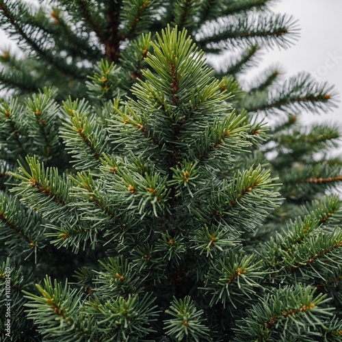 A fir tree with conical form and rich green needles, on a white background.