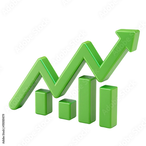A vibrant green bar chart featuring a dynamic upward arrow, symbolizing robust growth and success in financial or economic metrics, isolated on a transparent background