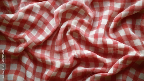 Crumpled red gingham kitchen towel fabric draped with soft texture and vibrant checkered pattern for culinary and home decor themes photo