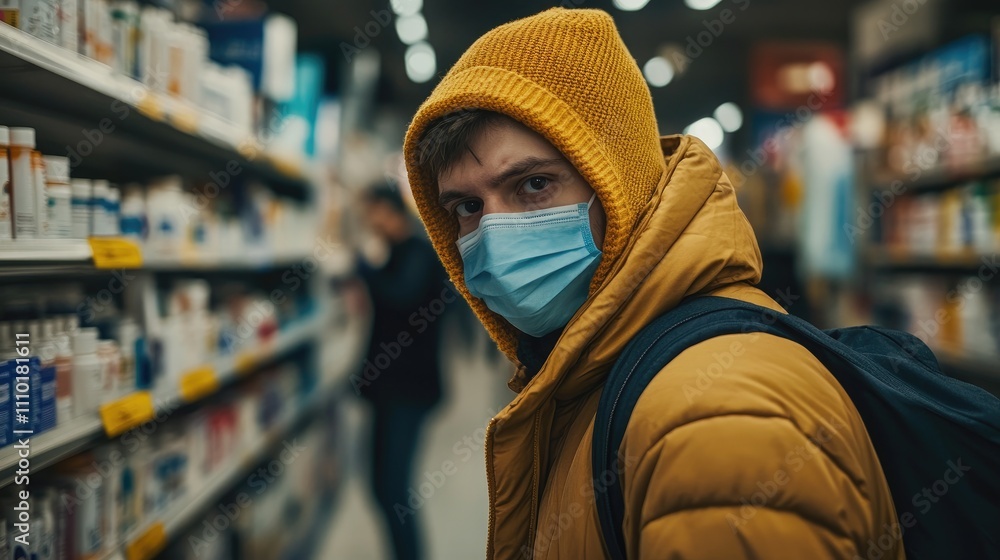 Person shopping for pharmaceuticals in modern drugstore wearing protective mask and yellow hoodie during health safety measures. Person shopping for pharmaceuticals in modern drugstore wearing protective mask and yellow hoodie during health safety measures.
