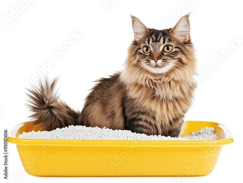 Fluffy cat in yellow litter box