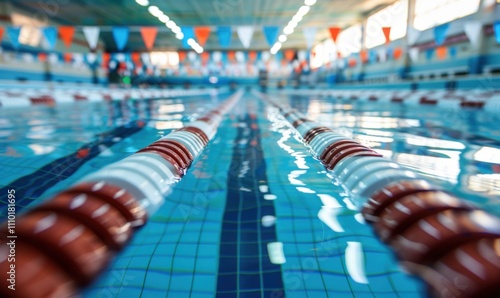 Indoor swimming pool with lane ropes set up for a swim meet in sports arena, with copy space image. --ar 5:3 --style raw --v 6 Job ID: a6683a8c-1b13-48fa-a2c1-f704673b960f photo