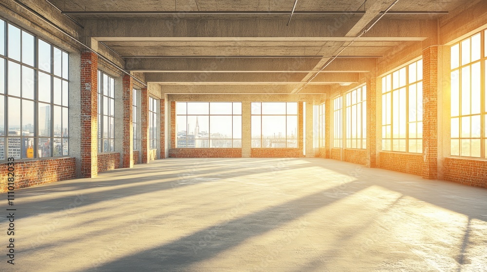 Modern industrial loft space with exposed architecture and large windows showcasing natural light and urban views after renovation Modern industrial loft space with exposed architecture and large windows showcasing natural light and urban views after renovation