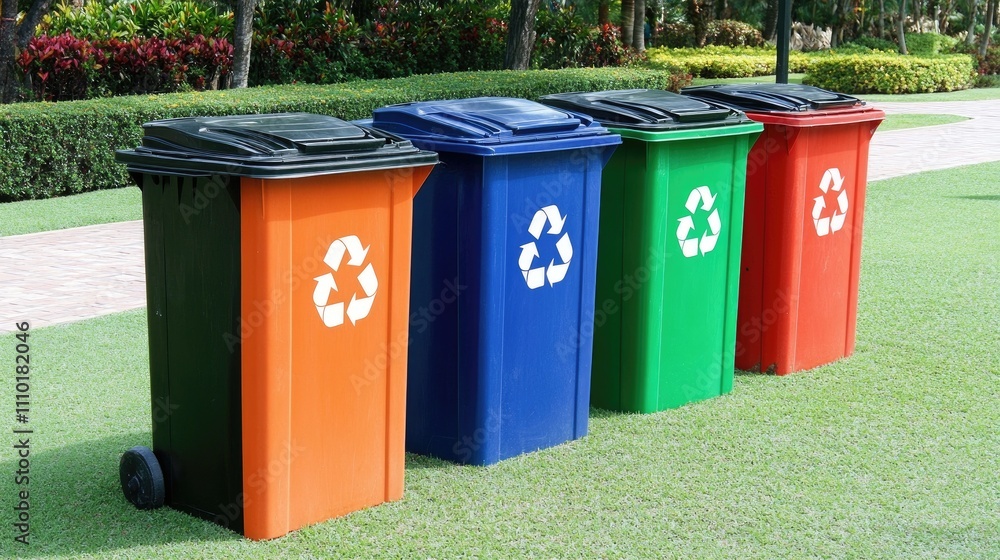 Recycling bins for plastic bottles and cans in a park promoting eco-friendly waste separation and recycling practices Recycling bins for plastic bottles and cans in a park promoting eco-friendly waste separation and recycling practices