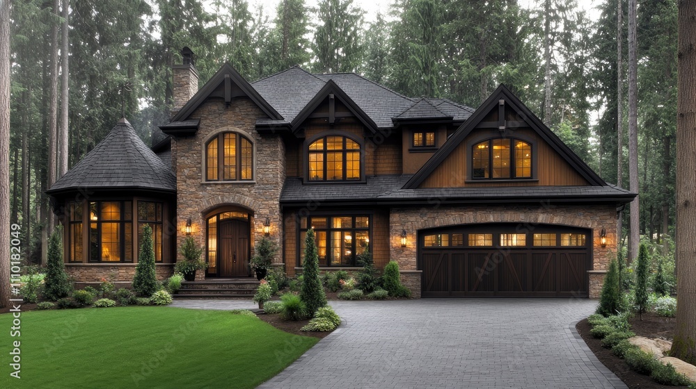 Modern North American home exterior in Vancouver showcasing architectural elegance, landscaped yard, and driveway surrounded by lush greenery Modern North American home exterior in Vancouver showcasing architectural elegance, landscaped yard, and driveway surrounded by lush greenery